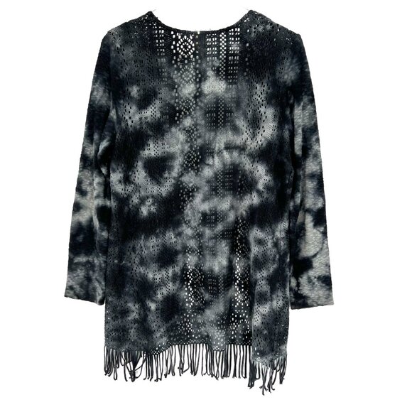 XCVI Tie-Dye Open Front Knit Cardigan Size Medium Crochet Boho Fringe Gray - Picture 7 of 10